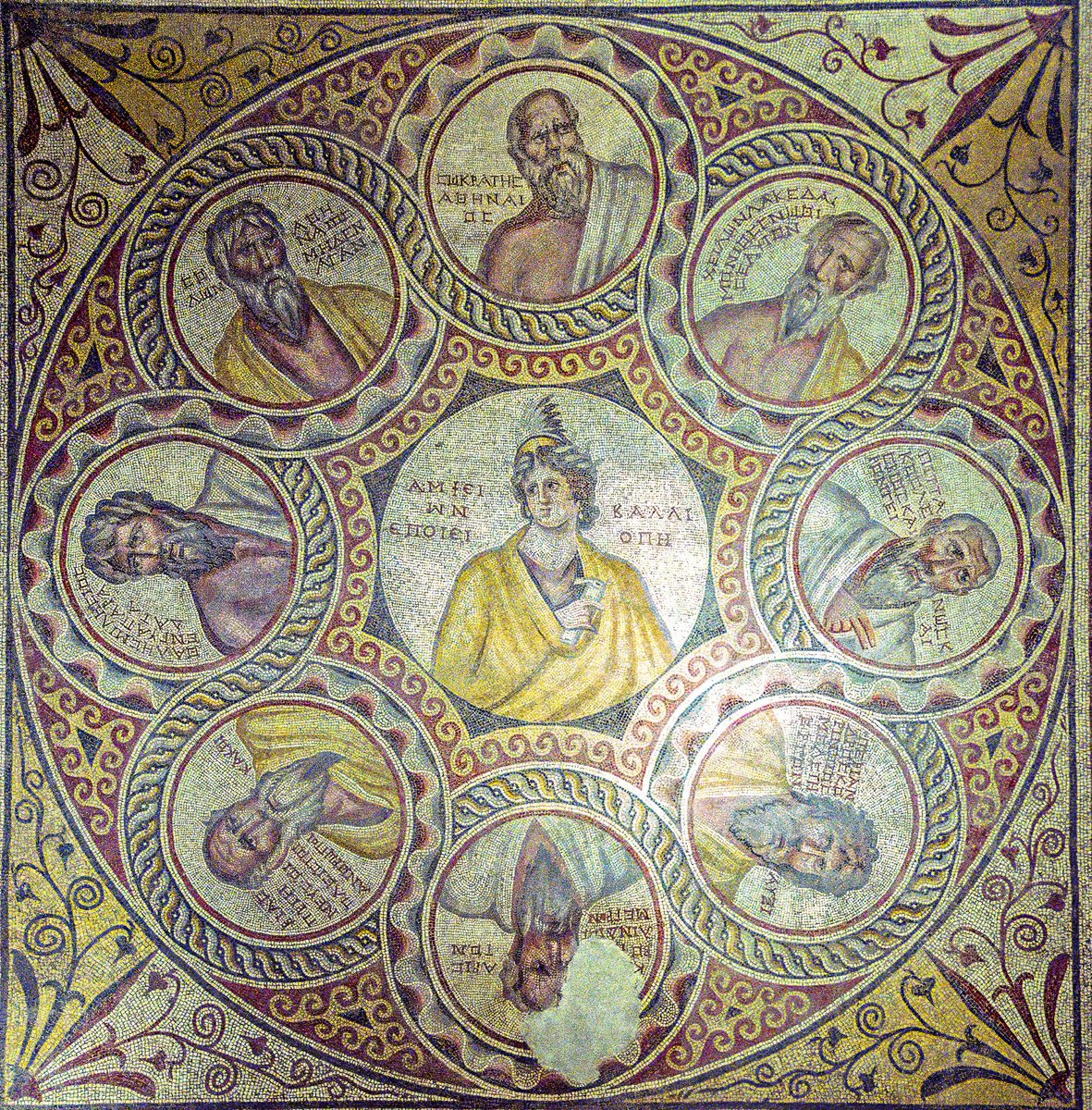 OptimoPrincipi's tweet photo. Roman mosaic showing the Seven Sages of ancient wisdom - seven of the most renowned Greek philosophers, statesmen, and law-givers; all surrounding a portrait of Calliope, the Muse of epic poetry. At the top, Socrates has been added as an honorary member, which also allows for an eighth roundel and improved symmetry in the composition - and then clockwise with an associated Greek maxim: 
Chilon of Sparta 'Know thyself.'
Pittacus of Mytilene 'Know your opportunity.'
Periander of Corinth 'Practice makes perfect.'
Cleobulus of Lindos 'Moderation is best.'
Bias of Priene 'Too many workers spoil the work.'
Thales of Miletus 'A guarantor ruins himself.'
Solon of Athens 'Nothing in excess.'
Baalbek, 3rd century AD.
