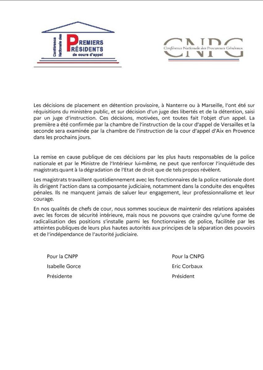 Communiqué commun des conférences nationales des premiers présidents et des procureurs généraux.