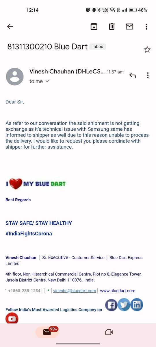 mayank7884's tweet photo. After multiple calls/emails to @SamsungIndia Customer support, they are failing to give a solution. PS-it has been officially confirmed by Bluedart over the mail that its an issue from Samsung that they are not providing the exchange data hence package is not delivering. https://t.co/roSqe8cQRL