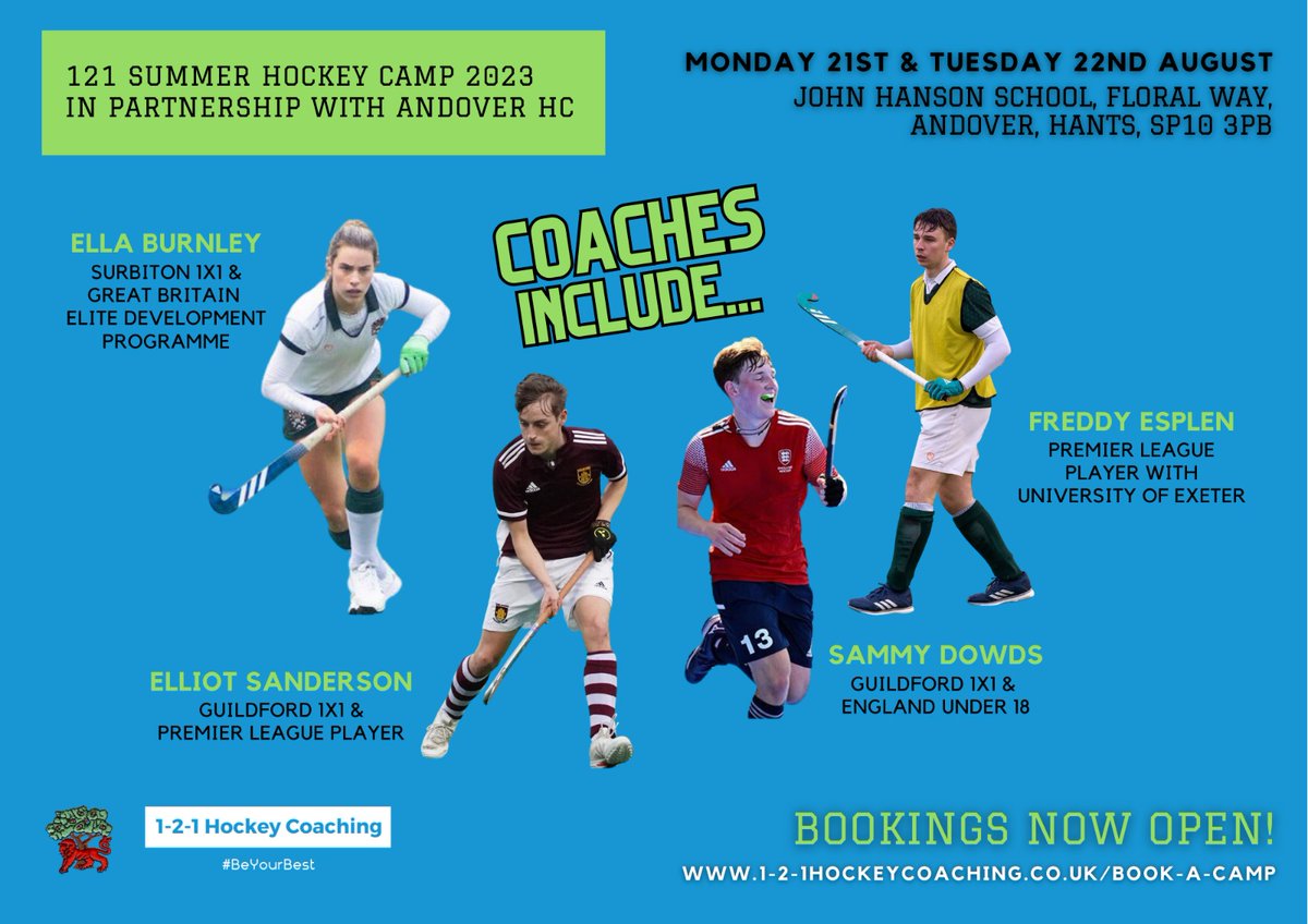 We’ve got an amazing coaching team lined up for our @andoverhockey camp on Monday 21st &amp; Tuesday 22nd August!

Book a place now to learn from some exciting young coaches with high level playing experience 🔥

1-2-1hockeycoaching.co.uk/book-a-camp

#BeYourBest