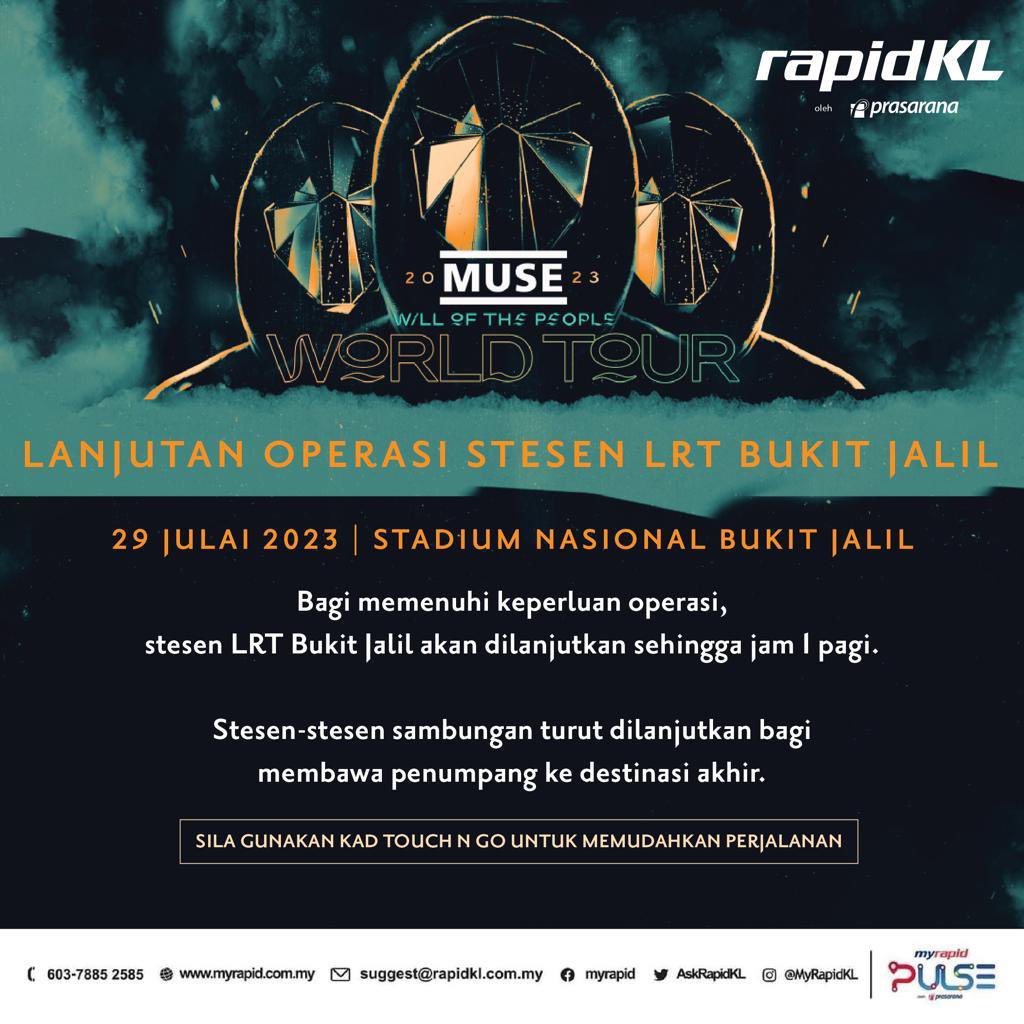 Operasi Stesen LRT Bukit Jalil akan dilanjutkan sehingga jam 1 pagi. Stesen-Stesen sambungan turut dilanjutkan bagi membawa penumpang ke destinasi akhir.

Rujuk poster untuk info lanjut.
#RapidKL