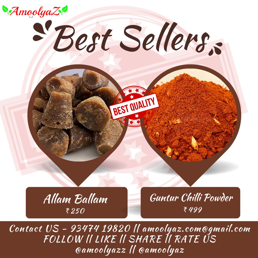 amoolyaz's tweet image. Natural, Healthy &amp;amp; Nutritious! Homemade! Zero Preservatives..!!!
Buy Now [Allam Ballam] : amzn.eu/d/aK6V9er
Buy Now [Guntur Chilli Powder] : amzn.eu/d/biHziA4

Call for Orders : 093474 19820
Shop Now : amazon.in/storefront?me=…

#AmoolyaZ #chilipowder #gingerjaggery