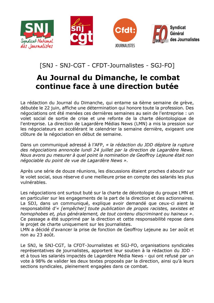 SNJ_national's tweet photo. Rupture des négociations et 6e semaine de grève au @leJDD 
💪💪💪 
La rédaction @SDJduJDD affiche une détermination qui honore TOUTE la profession 🫶 

COMMUNIQUÉ INTERSYNDICAL ⬇️ https://t.co/UpNLQ7uhoF