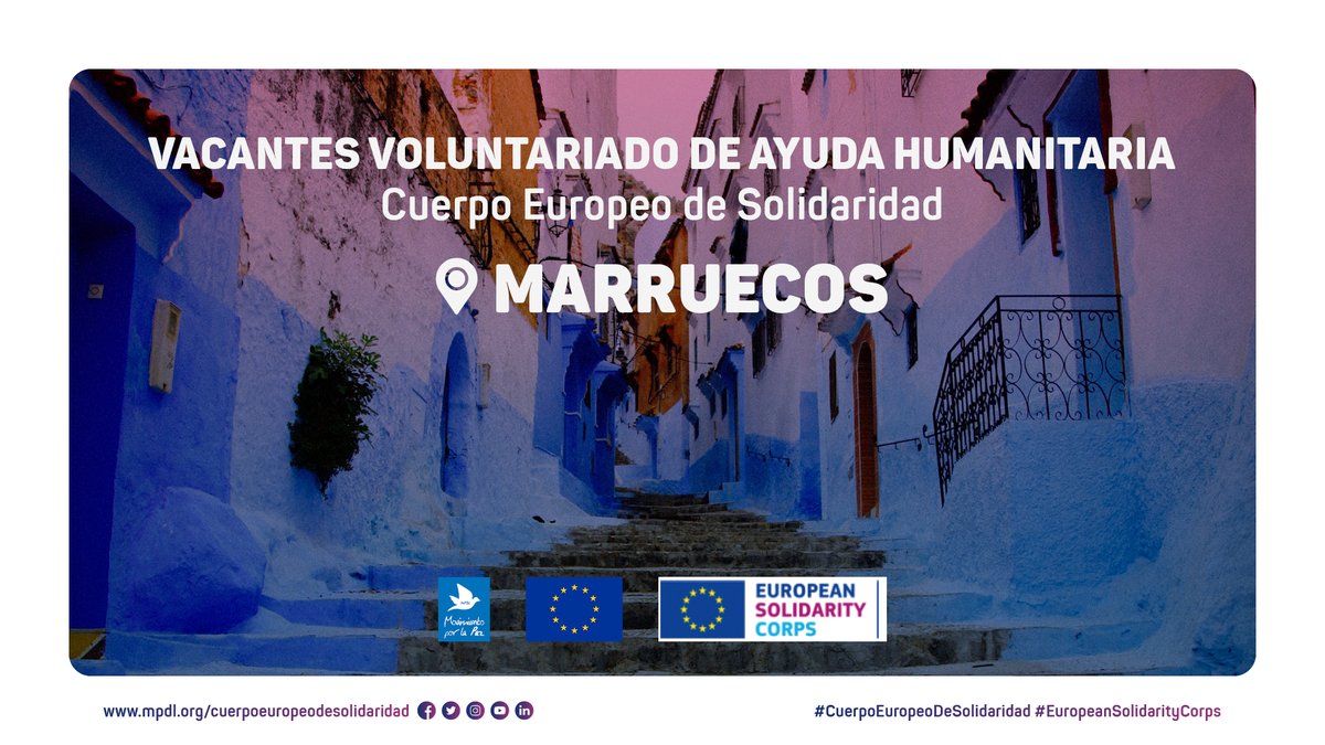 VolunInterMPDL's tweet photo. 🔵 Vacantes de voluntariado internacional #EuropeanSolidarityCorps en #Marruecos y #Jordania con @MovimientoxlPaz.

Apoyo en tareas de comunicación, gestión de proyectos, género...

👉 https://t.co/PraASNrN5V #CuerpoEuropeoDeSolidaridad https://t.co/TG9Cso2hE2
