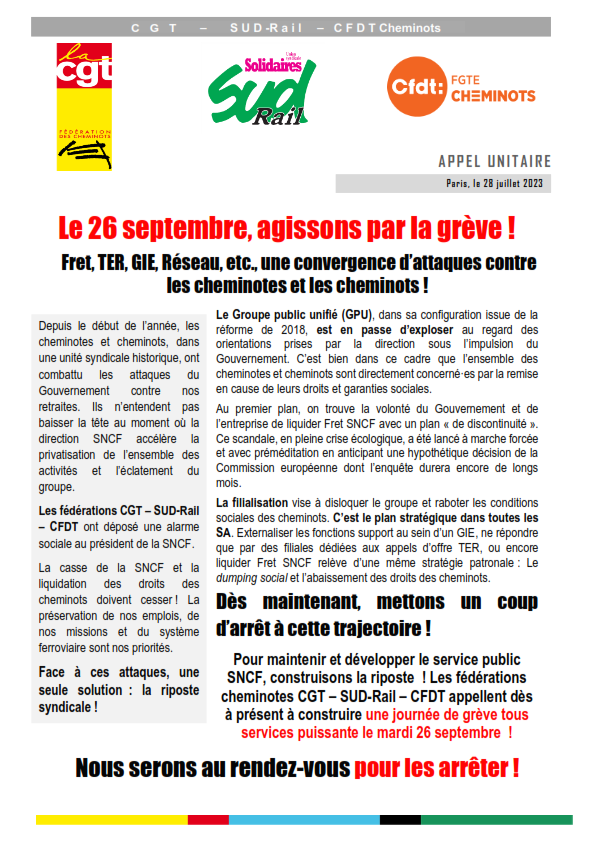 Fede_SUD_Rail's tweet photo. 🔥La rentrée sociale s'annonce déjà explosive à la SNCF. 👇Appel des fédérations cheminotes CGT - SUD-Rail - CFDT pour une première journée de grève le 26 septembre. 
💯Construisons ces prochaines semaines, une riposte syndicale à la hauteur des attaques ! https://t.co/KIYURx2OLQ