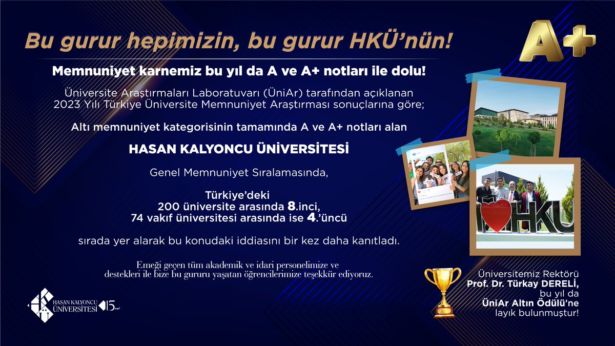 hkunv's tweet photo. 📌HKÜ’nün Memnuniyet Karnesi “Mükemmel”!

Üniversite Araştırmaları Laboratuvarı (ÜniAr) tarafından açıklanan 2023 Yılı Türkiye Üniversite Memnuniyet Araştırması (TÜMA) sonuçlarına göre; altı memnuniyet kategorisinin tamamında A ve A+ notları alan Hasan Kalyoncu Üniversitesi (HKÜ), “genel memnuniyet” sıralamasında Türkiye’deki 200 üniversite arasında 8.inci, 74 vakıf üniversitesi arasında ise 4.’üncü sırada yer alarak bu konudaki iddiasını bir kez daha kanıtladı.

Haberin detayları için: ⏬👇⏬

https://t.co/mVt8oG8Fvr

@UniArLab

#hkunv  #HasanKalyoncuÜniversitesi  #MemnuniyetKarnesi  #TÜMA2023 #TürkiyeÜniversiteMemnuniyetAraştırması  #ÜniAr