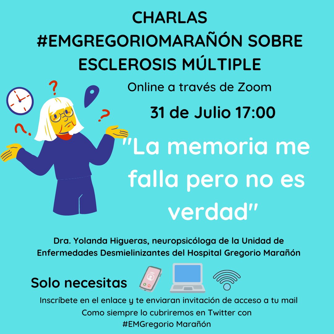 ADEMMADRID's tweet photo. 🔴 Os recordamos que el próximo lunes, 31 de julio, hay CHARLA #EMGregorioMarañón sobre #EsclerosisMúltiple​.

➡️ Inscripción: https://t.co/VFb01Cz4Cc

✳️ Los inscritos en el enlace recibirán un correo electrónico con los datos de conexión el mismo día de la Charla. https://t.co/xv5FaiMyUW