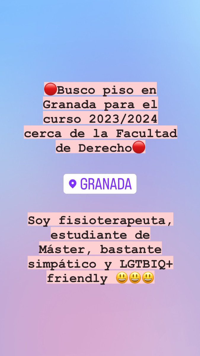 theageofemilio's tweet photo. 🔴Busco piso en Granada para el curso 2023/2024 cerca de la Facultad de Derecho🔴
Soy fisioterapeuta, estudiante de Máster, bastante simpático y LGTBIQ+ friendly 😃😃😃 https://t.co/KaYoDuO3rt