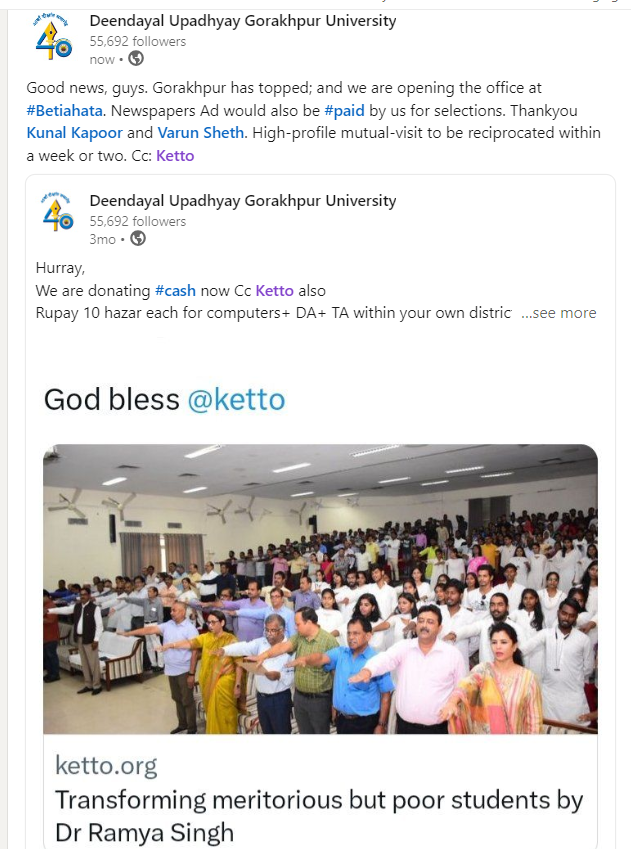 dramyasingh's tweet photo. Good news, guys. Gorakhpur has topped; and we are opening the office at #Betiahata. Newspapers Ad would also be #paid by us for selections. Thankyou @kapoorkkunal and @VarunSheth7. High-profile mutual-visit to be reciprocated within a week or two. Cc: @ketto https://t.co/Dy9BURBuVP