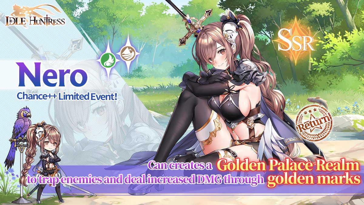 🎉Earth SSR huntress Nero Limited Chance++ Recruitment Return Event🎉
⏰Event Time: 
Server time (UTC-5): 7/31/2023, 5:01 ~ 8/7/2023, 4:00
Central European Time (UTC+1): 7/31/2023, 11:01 ~ 8/7/2023, 10:00
🎊Recruit Nero to strength your team!