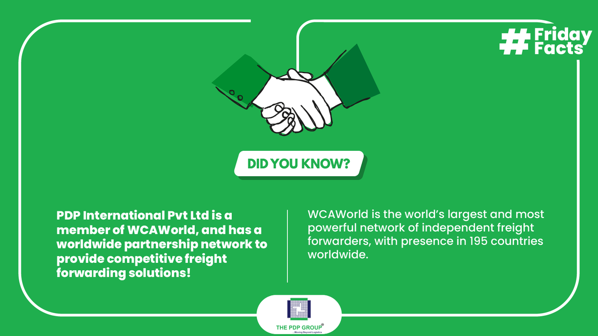 ThePDPGroup's tweet photo. In today's #FridayFact we would like to talk about our membership with the prestigious @wca_world! This elite freight forwarding alliance enables us to provide comprehensive air & sea freight services across the globe!
#lifeatPDP #freightforwarder #logisticsindia #pdpians https://t.co/kzPbT0TZC1