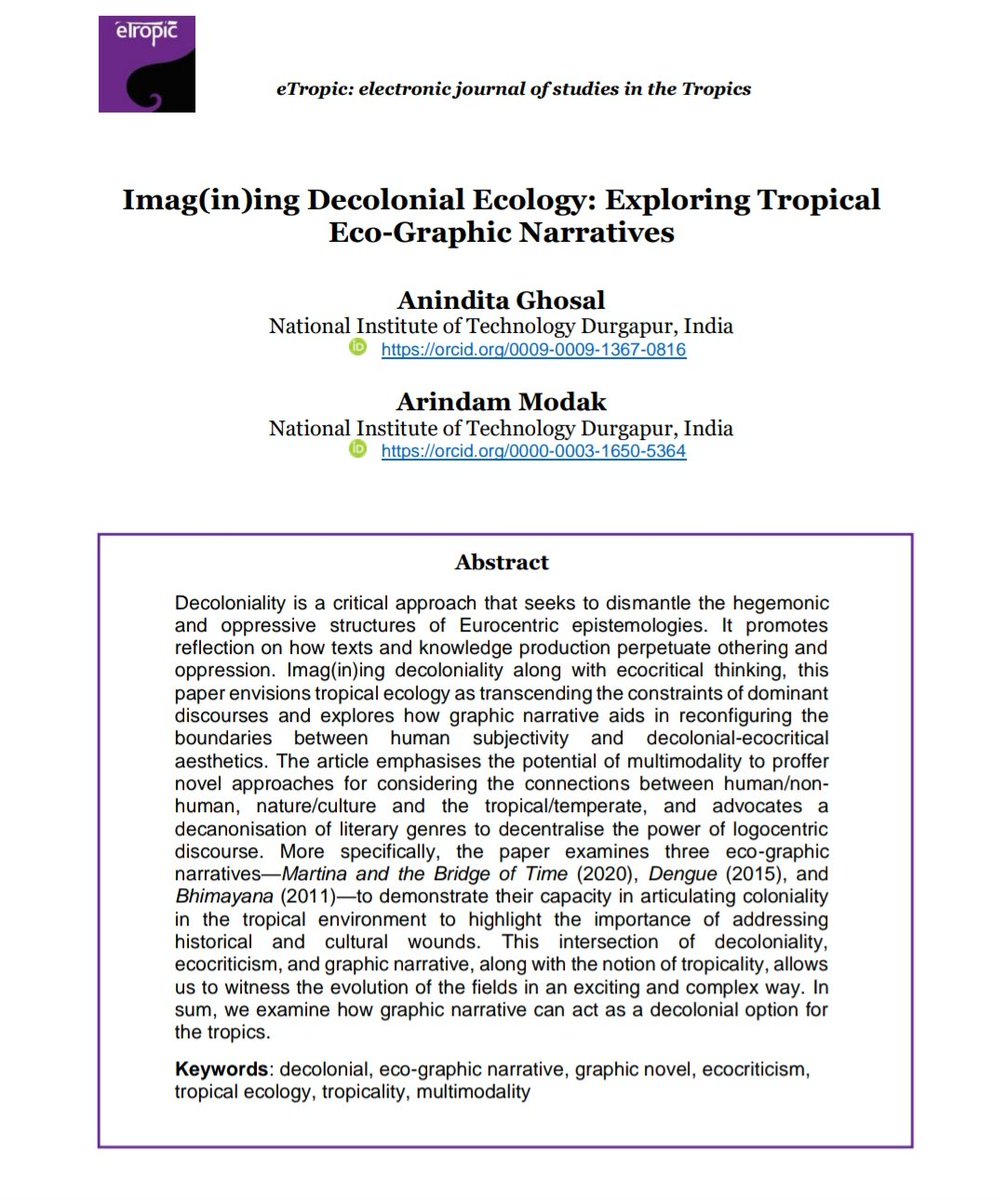 Anindita Ghosal (She/her) (@bablighosal) on Twitter photo I'm thrilled to share my first research paper. The paper showcases how graphic narratives can act as a decolonial option for the tropics.
#decoloniality #tropicality #bhimayana #martinaandthebridgeoftime #Dengue
dx.doi.org/10.25120/etrop…
<a href="/eTropicJournal/">eTropic Journal</a> I'm thrilled to share my first research paper. The paper showcases how graphic narratives can act as a decolonial option for the tropics.
#decoloniality #tropicality #bhimayana #martinaandthebridgeoftime #Dengue
dx.doi.org/10.25120/etrop…
<a href="/eTropicJournal/">eTropic Journal</a>