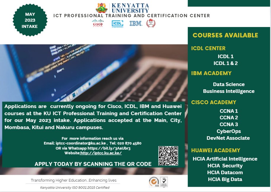 KenyattaUni's tweet photo. Kenyatta University is offering Digital Skills and Professional Courses to equip learners with ICT skills at the ICT Professional Training and Certification Center https://t.co/LsYjF7SFfn #ICTProfessionals #ICTLearning #KUICDL #KUCISCO https://t.co/EsZvRKWiiQ