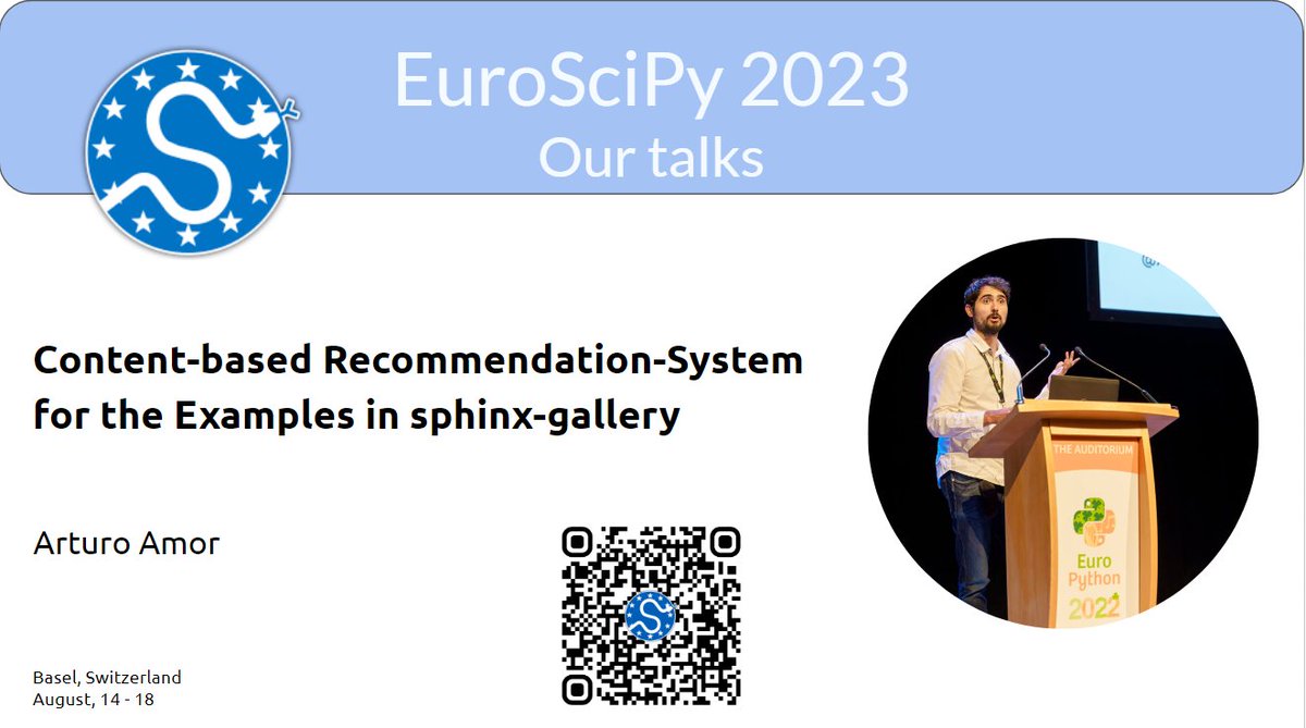 Meet our speaker @ArturoAmorQ He will give a talk on how to use content-based recommendation-system for the examples in sphinx-gallery More info and tickets: euroscipy.org/2023/ #EuroScipy2023 #Basel