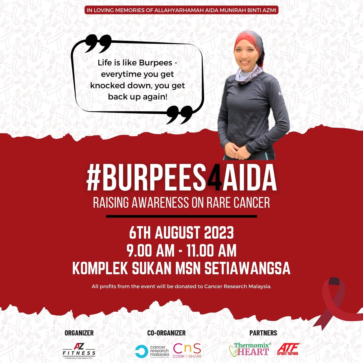 reversecancer's tweet photo. Come and join us this 6th of August for #Burpees4Aida to help create awareness on rare cancer and raise fund for Cancer Research Malaysia.
More info and register here: https://t.co/yK4EGKsdZr
#cancerresearch #cancerawareness #reversingcancer #savingAsianlives https://t.co/SkvZAs6AAV