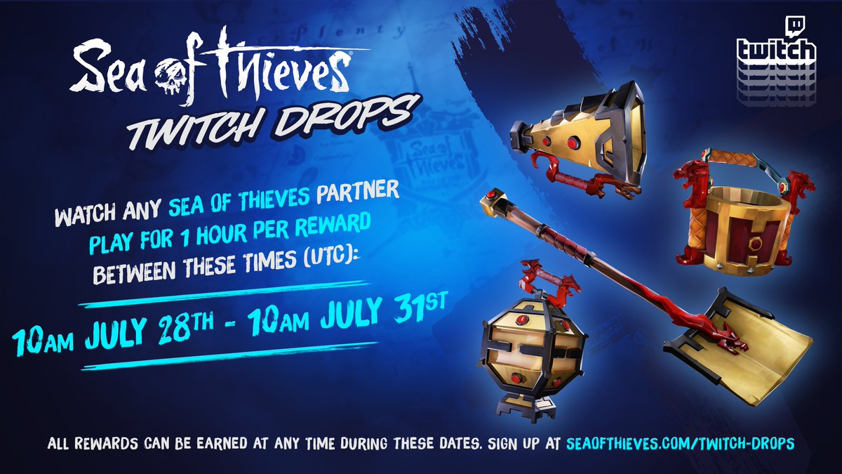 Twitch Drops are now live! Tune in to any Partnered Sea of Thieves streamer from now until July 31st (10am UTC) to claim up to four pieces of Eastern Winds Ruby equipment, watching for one hour per item. 

🔗 Link accounts: aka.ms/Twitch_Drops