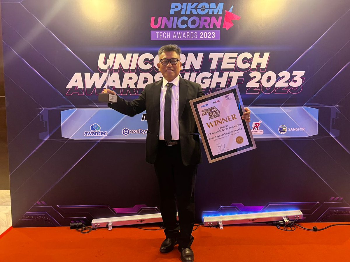 bsmartsystem's tweet photo. 26 Jul 2023 - BSMART System Solutions was awarded as the winner of Industrial: ICT Networks &amp; Communication in Regional Electronic Cargo Tracking System (RECTS) during PIKOM UNICORN Tech Awards 2023 &amp; MSC Malaysia APICTA 2022 Awards. https://t.co/cbldbxw2SK
