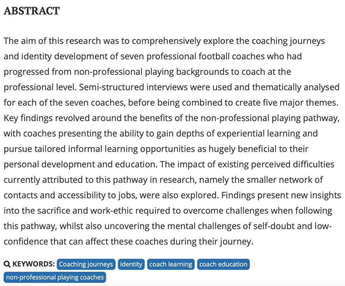 Hot off the press! ‘Exploring the coaching journeys of non-professional football players to professional football coaches’ Adam Cooper’s paper is available now @tandfsport; doi.org/10.1080/216406…