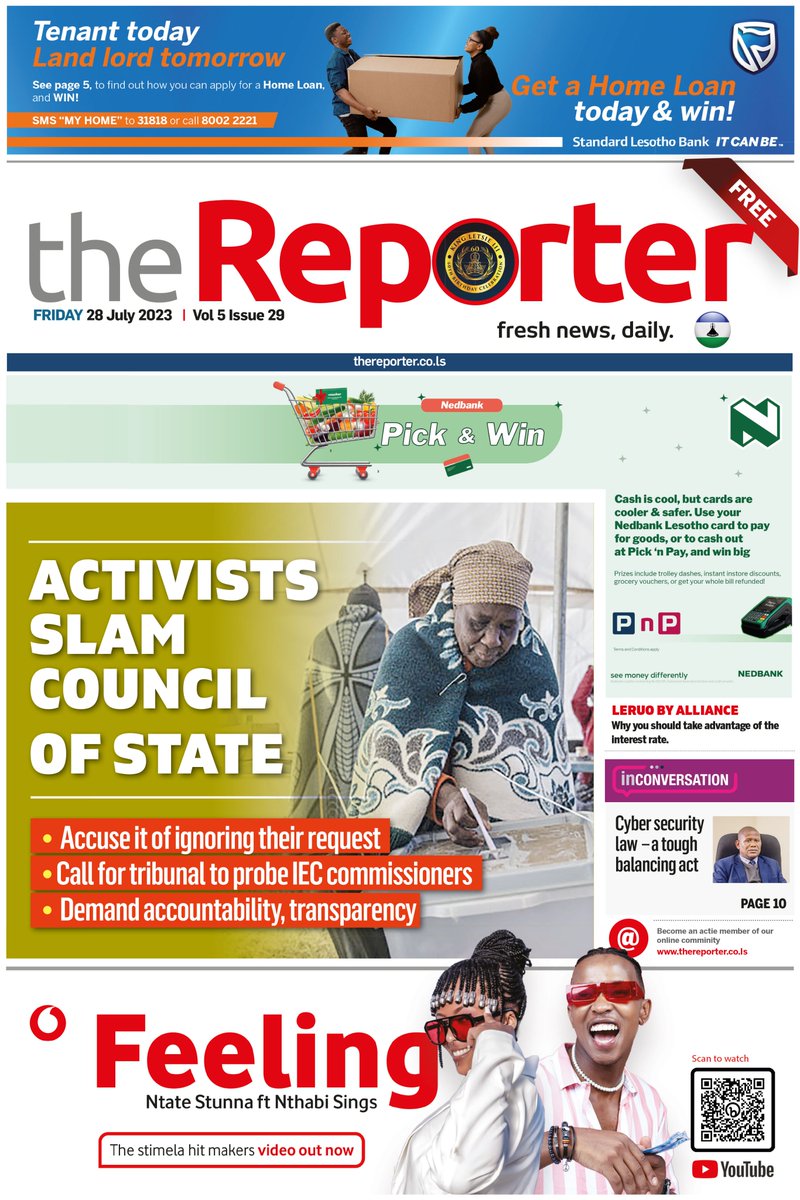 TheReporterLS's tweet photo. The Reporter: FRIDAY 28 JULY, 2023

Activists slam Council of State. 'Poisoned' soldier's family want answers. Cyber security law - a rough balancing act

TENDERS AND VACANCIES INSIDE

DOWNLOAD TheReporter:
CLICK HERE: https://t.co/fQruA4iBDR https://t.co/XUxTFktZmY