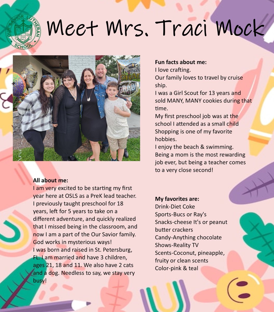 OurSaviorFLsch's tweet image. Today&apos;s Faculty Friday is Mrs. Mock, our new PreK teacher! #osls #livelove #golivelove