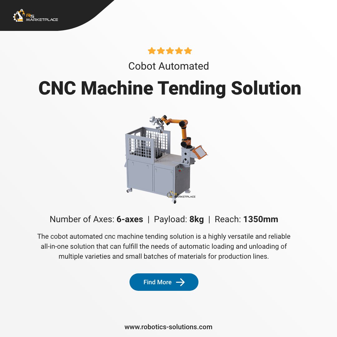rsm_robotics's tweet photo. The Cobot Automated CNC Machine Tending Solution is a highly versatile and reliable all-in-one solution that can fulfils the needs of automatic loading and unloading of multiple varieties and small batches of materials for production lines. Discover more > https://t.co/dHp5OyaR6A https://t.co/lE87G1hpke