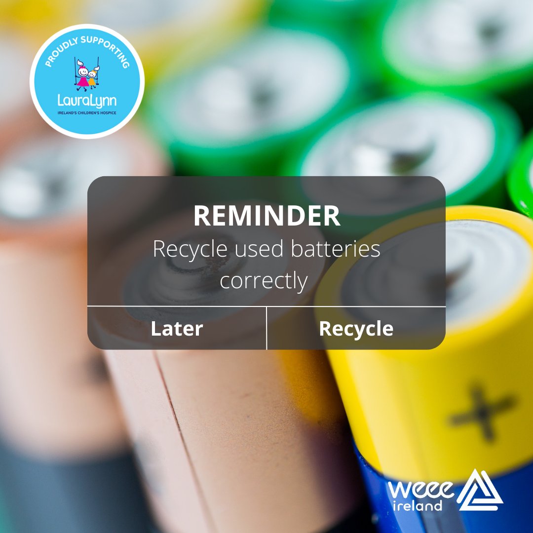 Did you know that you can recycle used batteries you've found around your home to help a worthy cause - @LauraLynnHouse ♻️ Look out for WEEE Ireland blue battery boxes at your local newsagent, supermarket or recycling centre and pop those old batteries in to help! 🔋💙