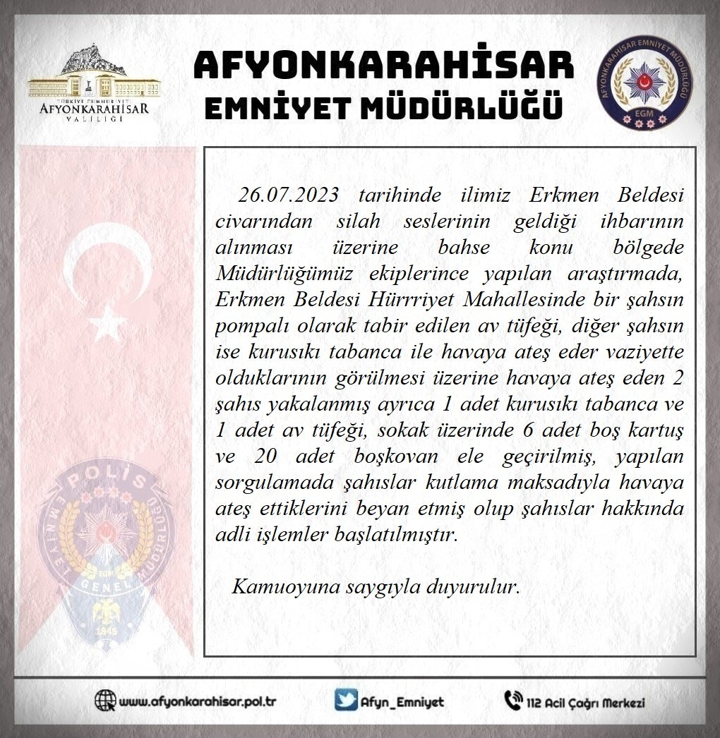 afyonemniyet's tweet photo. ➡️İlimiz Erkmen Beldesi çevresinden silah seslerinin geldiği ihbarının alınması üzerine ekiplerimizce bölgede yapılan araştırmada, kutlama maksadıyla havaya ateş eden 2 şahıs suç aletleriyle birlikte yakalanmış olup şahıslar hakkında adli işlem başlatılmıştır. 

Ayrıntılar👇 https://t.co/6zbiQHXNna