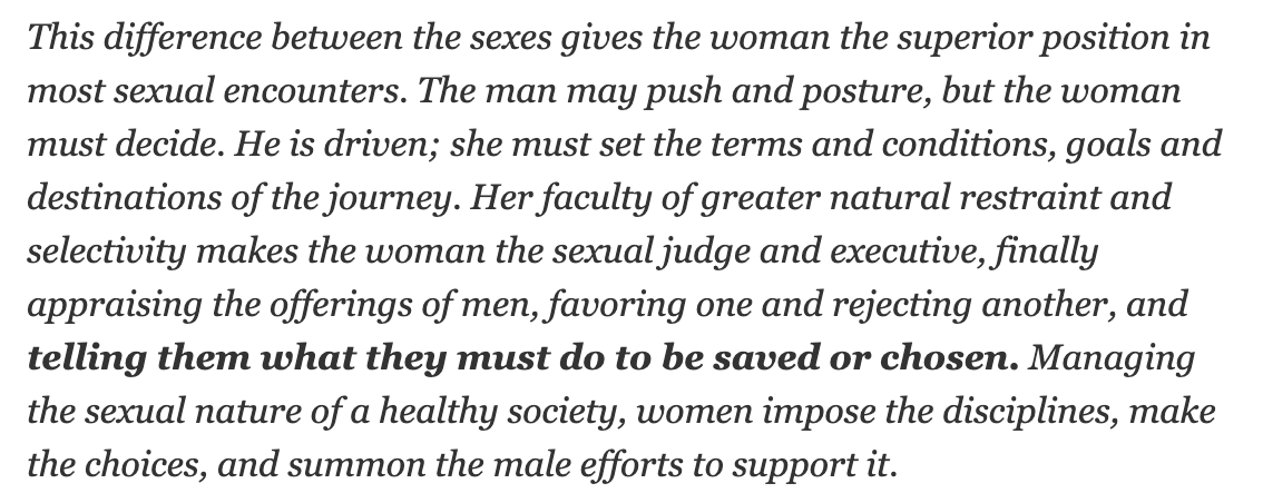 aaron_renn's tweet photo. Somebody pointed out this whopper from George Gilder. She's the source of salvation, she's the one that makes you truly "chosen." She selects which "offerings" are acceptable to her. This is goddess worship. https://t.co/OCUOpHXJjQ
