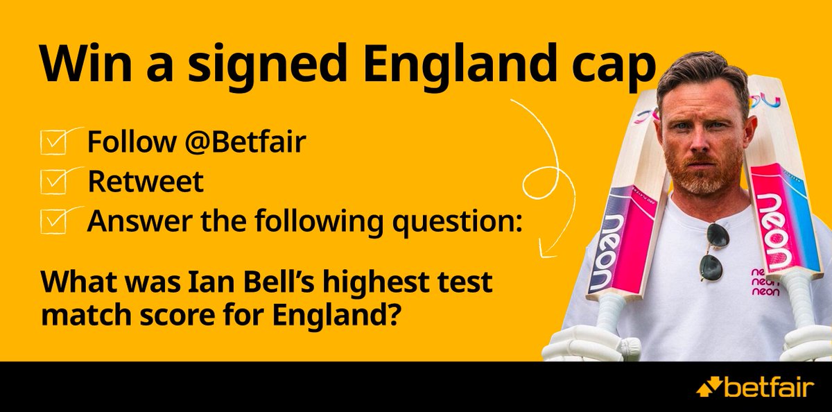 🎁 #Ashes competition

✍️ We're giving away 4x souvenir England baggy caps signed by <a href="/Ian_Bell/">Ian Bell MBE</a> 

✅ Follow, RT and answer the following:

⏱️ Entries must be submitted by 5pm on Monday 31st.

 👉 T&amp;C's: betting.betfair.com/betfair-announ…