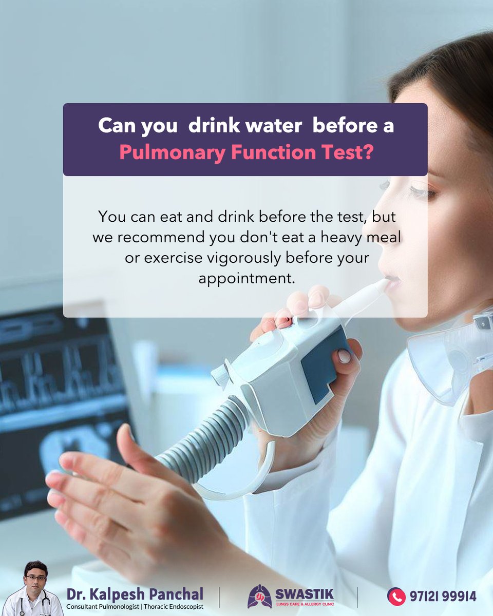 drkalpeshpulmo's tweet image. Can you drink water before a pulmonary function test (PFT)? Here&apos;s your question answered.

#PFT #LungFunctionTest #PulmonaryFunctionTest #DrKalpeshPanchal #Pulmonologist #Pulmonology #SwastikClinic #Gota #ahmedabad