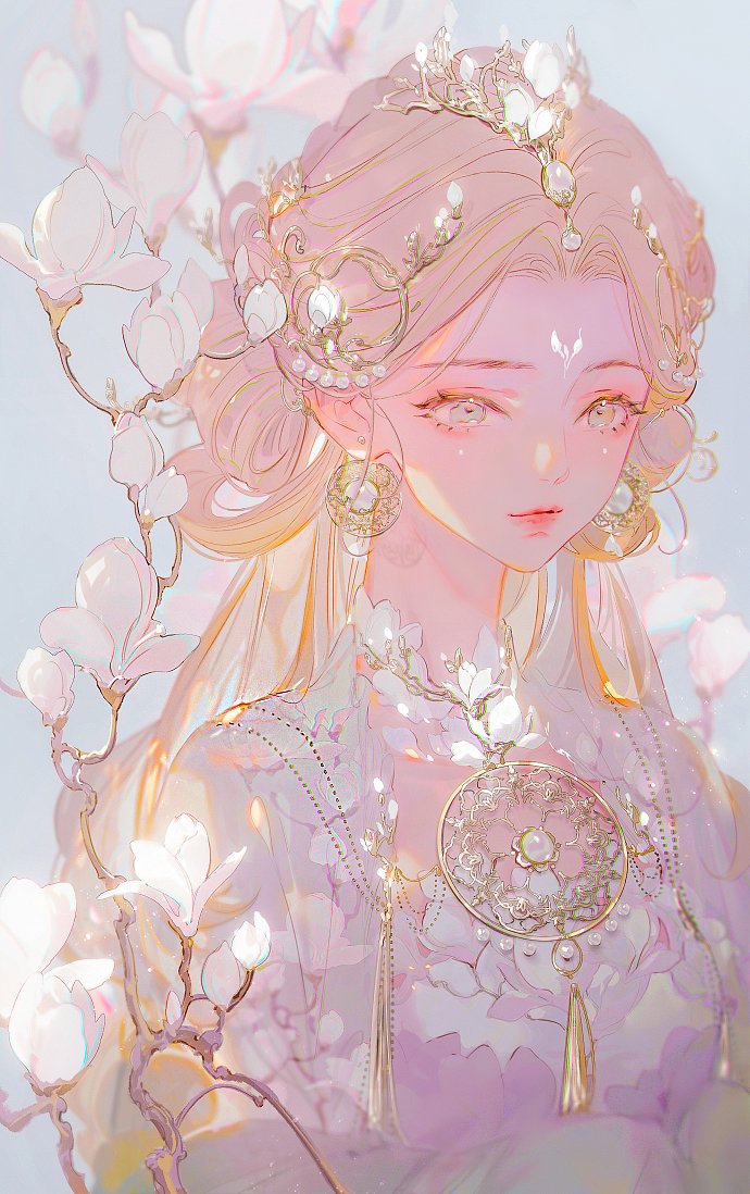 1girl solo jewelry blonde hair earrings long hair flower  illustration images