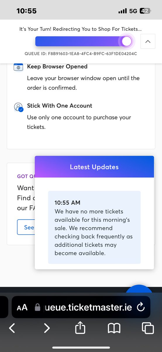 Started off at 5847 to be told no tickets left when it was my turn 🤬🤬🤬 <a href="/TicketmasterIre/">Ticketmaster Ireland</a> is a complete and utter joke