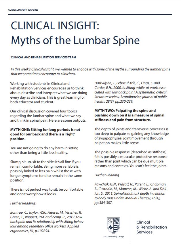 #ClinicalInsight: Myths of the Lumbar Spine

This week, we wanted to engage with myths around the lumbar spine that we encounter as clinicians.

4 x topics:

❓Sitting position
❓Spinal stiffness
❓Lumbar flexion
❓Spinal mobilisation

More here: bit.ly/3pZmRSy

🧵1/6