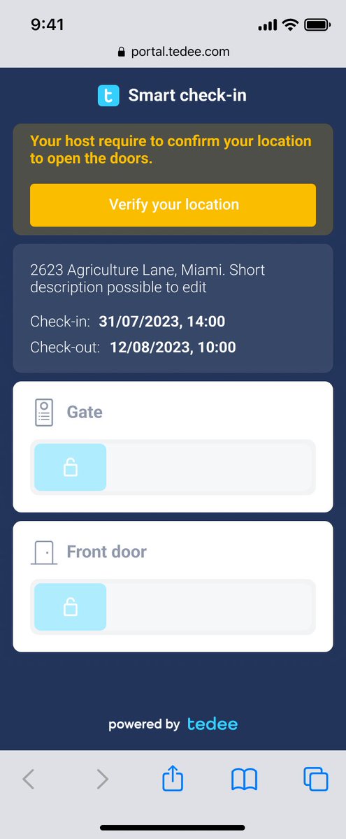 Introducing 'Verify Location' for Tedee's short-term rentals. A safeguard ensuring doors only open when guests are near. Clicking the access link triggers location verification - no more risks of remote door openings. Your property, now safer than ever. #SmartAccess #Rentals