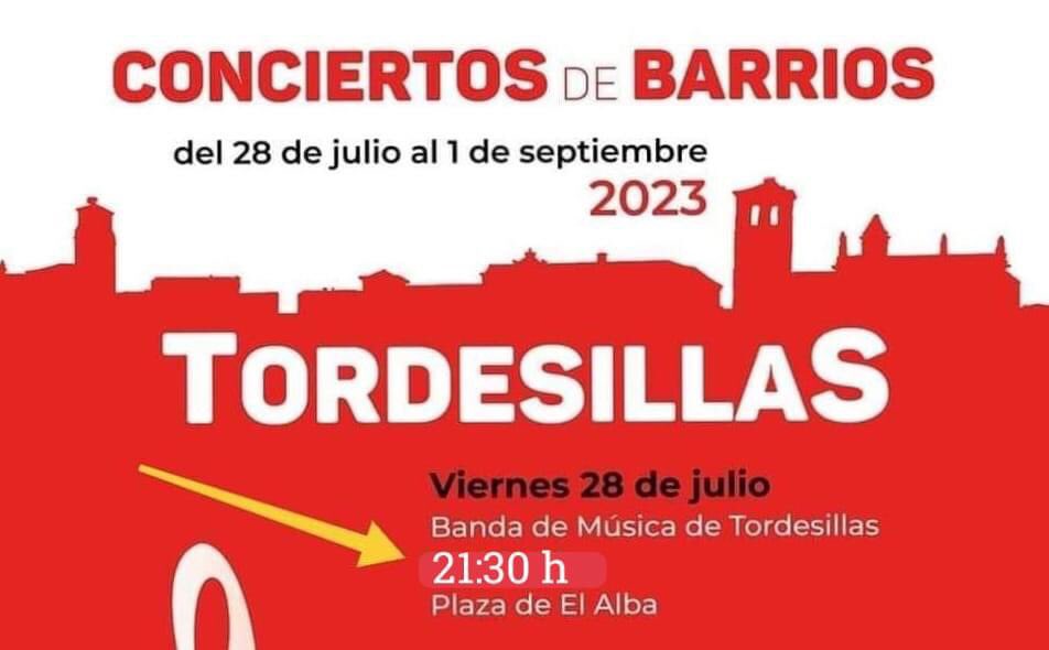 Hoy comienzan en #Tordesillas los CONCIERTOS DE BARRIOS, con la "Banda de Música de Tordesillas".
🗓Fecha: viernes, 28 julio 2023
🕘Hora: 21'30 h.
📍Lugar: Plaza de El Alba.
🖋￼Organiza: Área de Cultura del Ayto. de Tordesillas.
 #verano2023 #conciertosdebarrios <a href="/oficial_BMT/">Banda de Tordesillas</a>