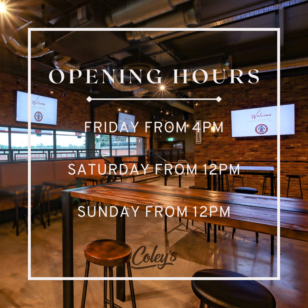 ASFCthevenue's tweet photo. ⏰ Coley’s weekend opening times
All home & away fans welcome on matchday, just bring your ticket! 🍻 https://t.co/oXtWR3iIME