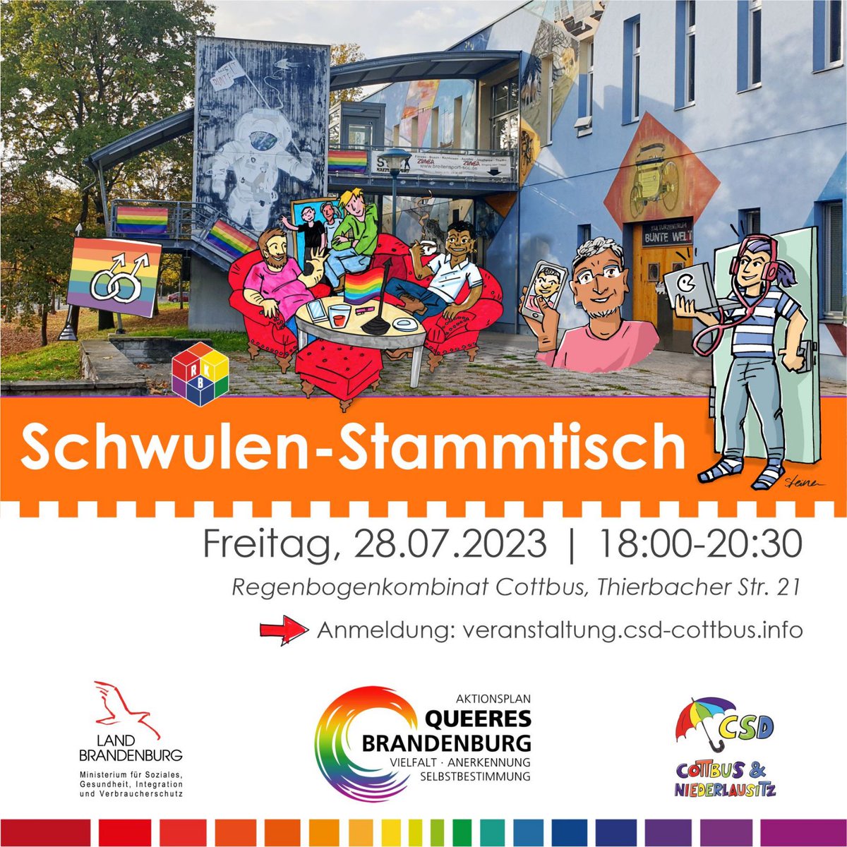 CSDCB's tweet image. Liebe Mitmenschen, am 28. Juli 2023 stehen die Türen im Regenbogenkombinat Cottbus ab 18.00 Uhr für den Schwulen-Stammtisch offen.
Anmeldung: veranstaltung.csd-cottbus.info

#schwulenstammtisch #rbkcb #queercottbus #gay #steinercomix