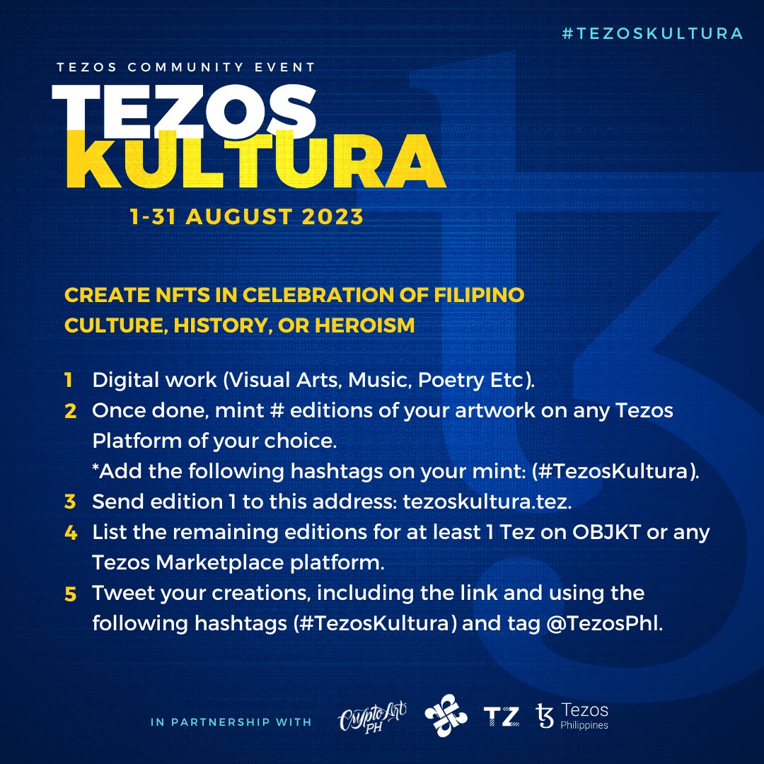🇵🇭TEZsup!

In celebration of our History, Culture, &amp; Heroism, <a href="/TezosPHL/">Tezos Philippines</a> in partnership with <a href="/cryptoartph/">CryptoArt Philippines</a>, <a href="/TezosFilipinos/">Tezos Filipinos</a>, &amp; <a href="/TzApac/">TZ APAC</a>  are proud to present this #Tezos Community Minting Event with the theme: 

🇵🇭TezosKULTURA: Celebrating Filipino History, Culture &amp; Heroism.

🧵➡️