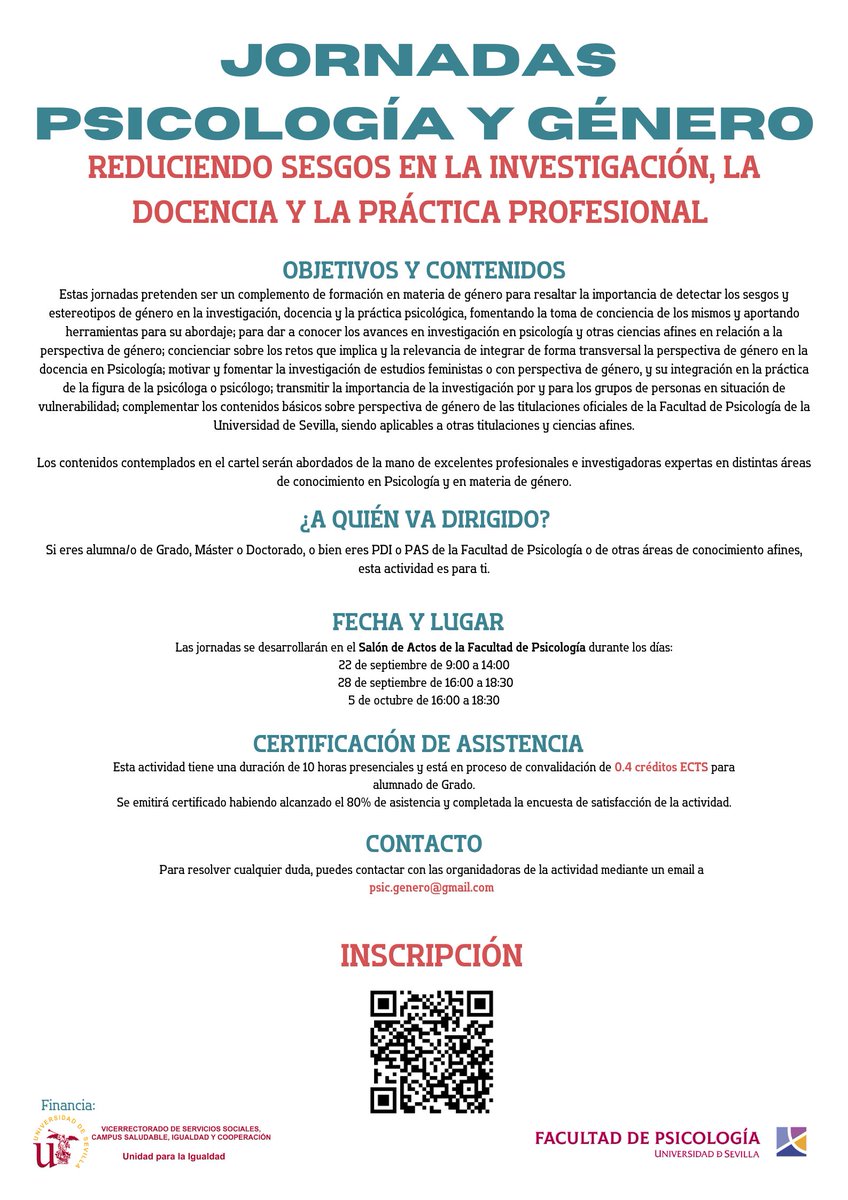 mariagj2's tweet photo. 📣Jornadas "Psicología y Género: Reduciendo sesgos en la investigación, la docencia y la práctica profesional" financiadas por la U. Igualdad de la @unisevilla 

🗣️Para alumnado, PAS y PDI de la @facpsi y áreas afines.

👉¿Qué mejor manera de empezar el curso?😉

¡Te esperamos! https://t.co/IIWmZTm6Ms