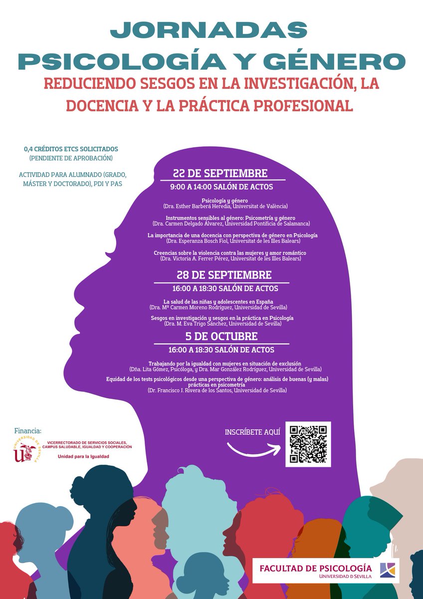 mariagj2's tweet photo. 📣Jornadas "Psicología y Género: Reduciendo sesgos en la investigación, la docencia y la práctica profesional" financiadas por la U. Igualdad de la @unisevilla 

🗣️Para alumnado, PAS y PDI de la @facpsi y áreas afines.

👉¿Qué mejor manera de empezar el curso?😉

¡Te esperamos! https://t.co/IIWmZTm6Ms