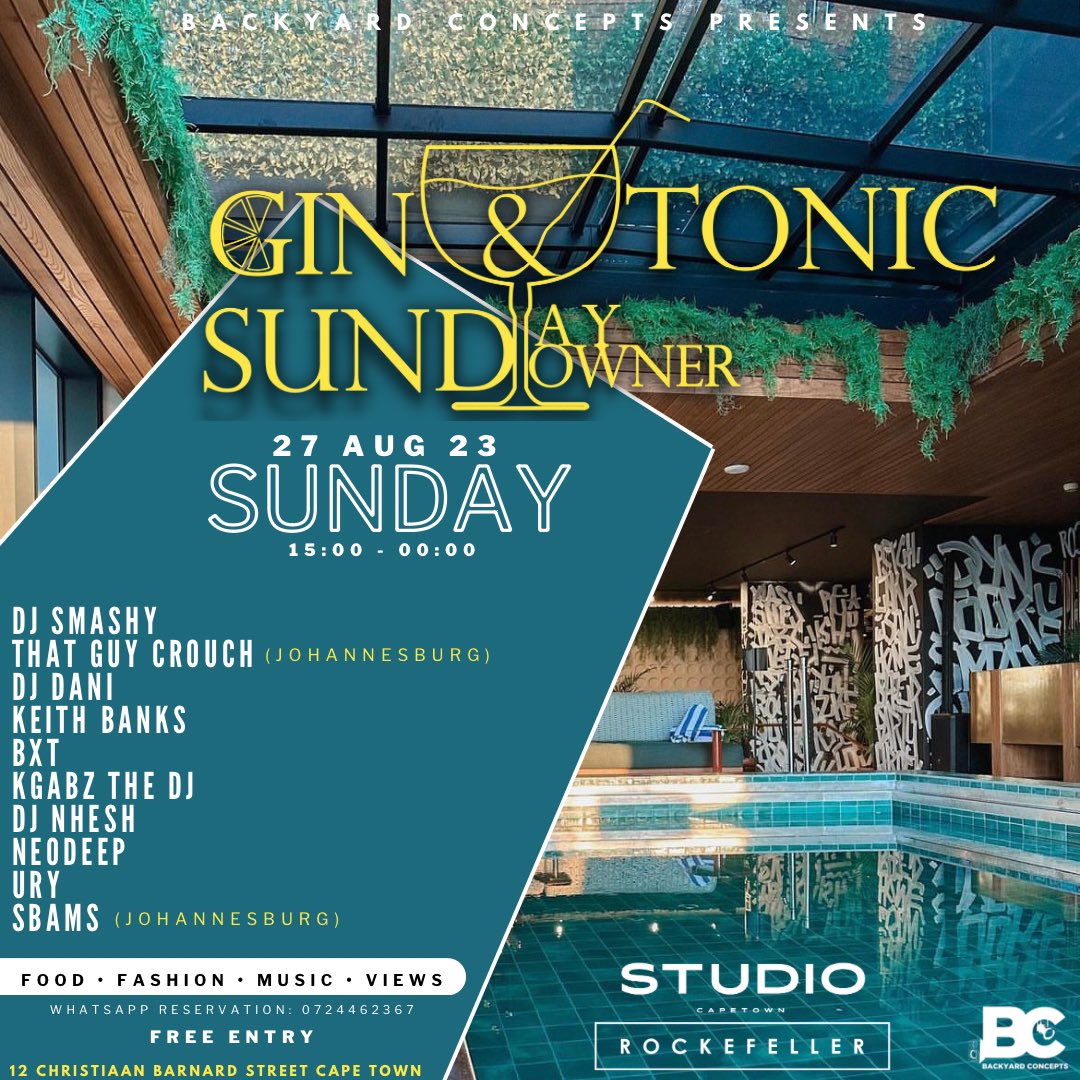 NeoDeep_'s tweet photo. Back like we never left 😎😌

G&amp;T SUNDAY SUNDOWNER ☀️ 
… now in CAPE TOWN ⛰️

DATE 🗓️: 27 AUGUST 2023
TIME 🕰️ : 15:00 - 00:00
VENUE: STUDIO at the ROCKEFELLER HOTEL 🏨

Visit &amp; follow our page for more exciting updates 😉:

https://t.co/MuydjW5jiM

#GTSSCPT
#GTSSCapeTown https://t.co/4WLRSnGnfm