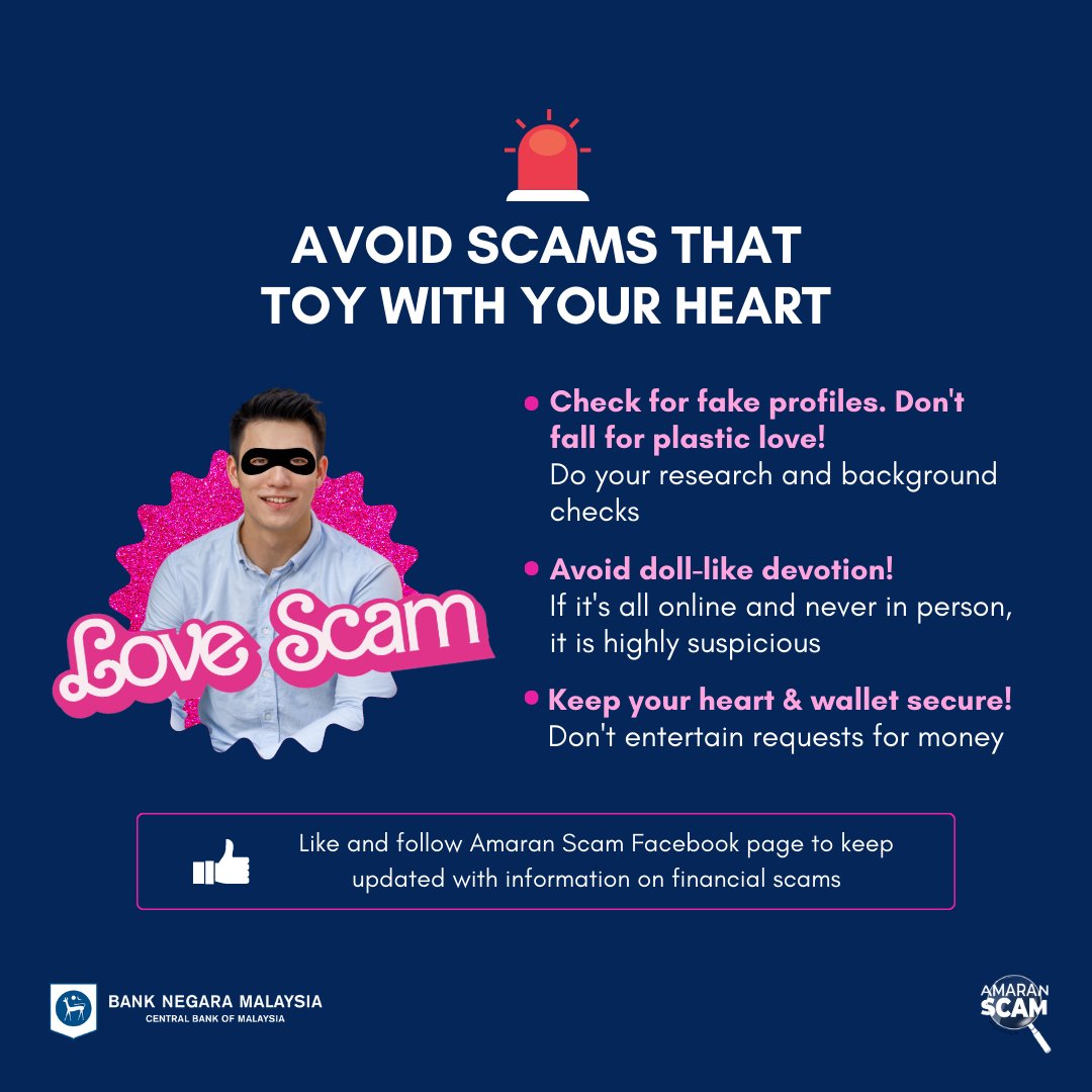 Love is not Ken-ough to protect you from scams! NEVER share your banking details or fall for sappy money requests, even if you’re girlfriend-boyfriend. 

If you've fallen victim to a financial scam, don't panic! Immediately call your bank or NSRC at 997.

#AmaranScam #ScamAlert