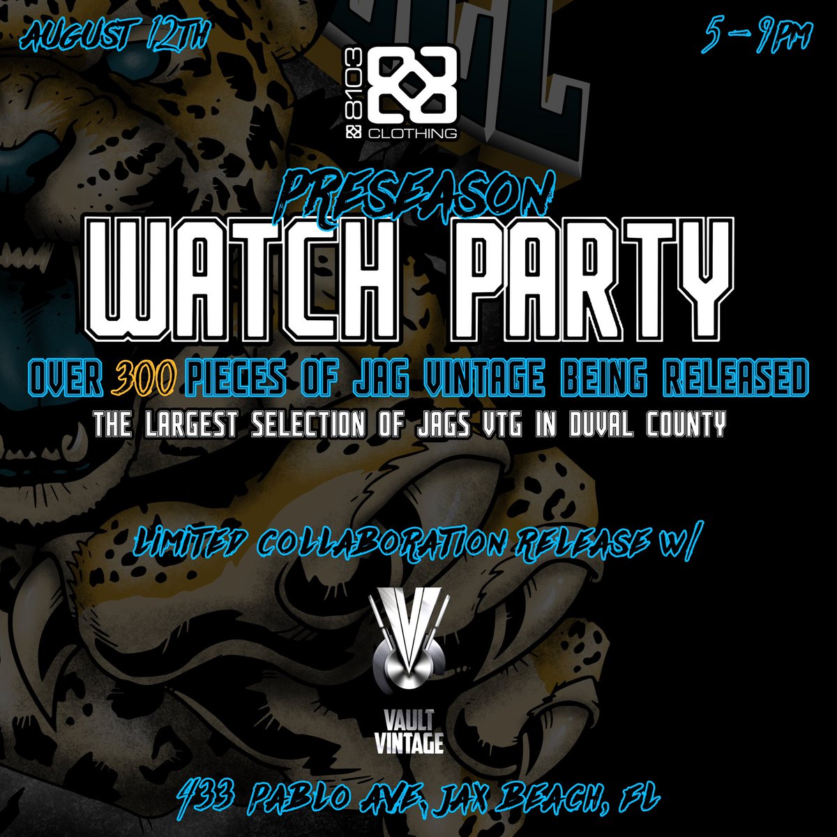 🐆 AUG 12TH 🐆 PRESEASON WATCH PARTY 5-9PM 🔥 HUGE VTG JAG DROP! LIMITED COLLABORATION RELEASE! FREE FOOD &amp; DRINKS ✌️ 433 PABLO AVE JAX BEACH, FL 💯 #supportlocal #DUUUVAL