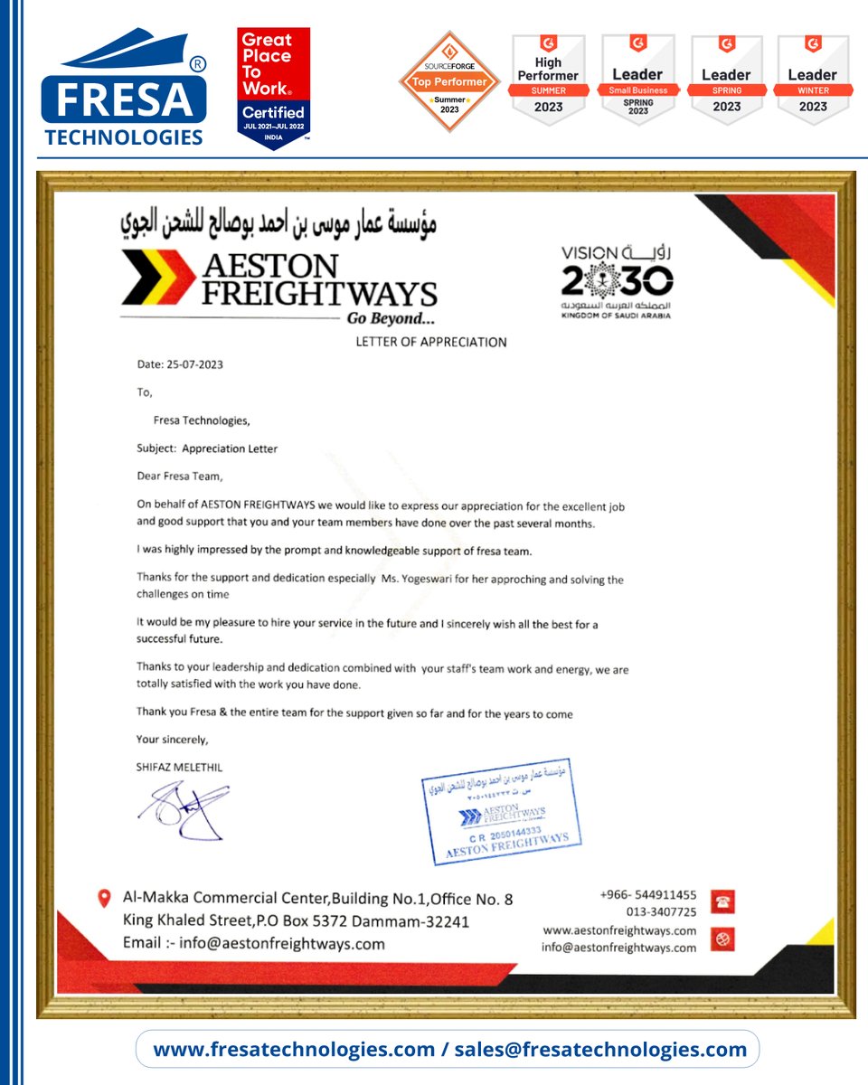 fresatechnology's tweet photo. A big thanks to Aeston Freightways for providing an appreciation letter for our Prompt solutions. 

Your greetings arrived at a perfect time, and they were a source of comfort and encouragement. 

#fresa  #ClientAppreciation #excellentjob | #goodsupport #Support #Aeston https://t.co/NZEIQrq7ir