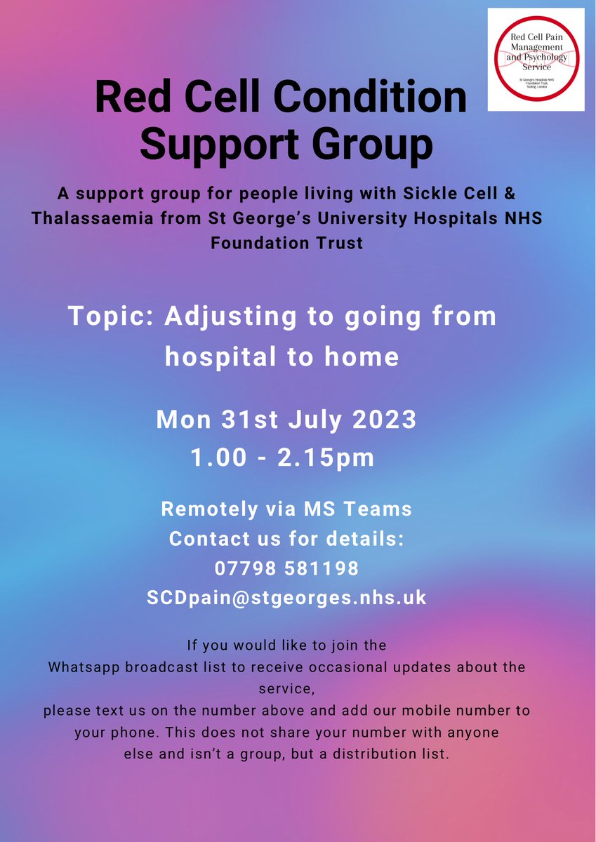 Hi everyone, our next video red cell support group session will be Mon 31st July 1 to 2.15pm. The group is a space to talk about experiences of living with #sicklecell & #thalassaemia - to share what's on your mind in a supportive space. See details below on how to join @docesr