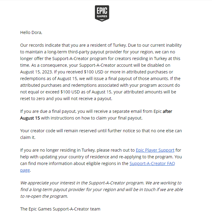 DoraOzsoy's tweet photo. Epic Games'ten mail gelmiş.

"Uzun vadeli bir ödeme sistemi sağlayamadığımız için (PayPal'ın ve benzerlerinin yokluğu) artık Türkiye'de yaşayan üreticilere destek sağlamayacağız &amp; ödeme alamayacaksınız." https://t.co/cLhoRMjgAe