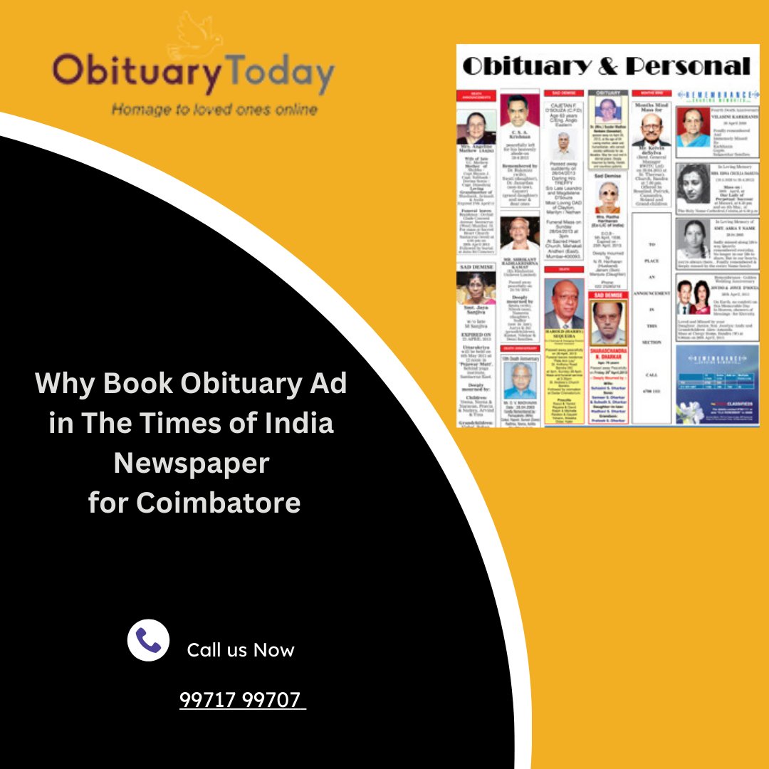 obituarytoday's tweet photo. Why Book #Obituary #Advertisement in The Times of India Newspaper for Coimbatore? The Times of India is a widely read and respected newspaper with a large circulation making it an ideal choice to reach. Read more: https://t.co/PSBDDusEEh https://t.co/K3zqgnnTOb