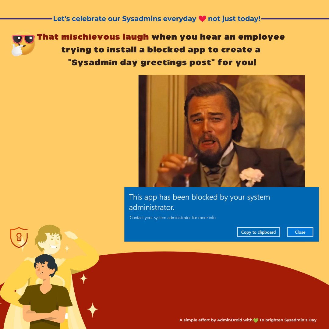 AdmiinDroid's tweet image. 🎉 Happy Sysadmin Day!
From early-morning system checks to late-night troubleshooting, Sysadmins are the Sherlock Holmes of the tech world. Thank you, IT superheroes,for all you do! 👏

#SysAdminDay #SysAdminDay2023 #HappySysAdminDay #SysAdmin #AdminDroid #SysAdminAppreciationDay