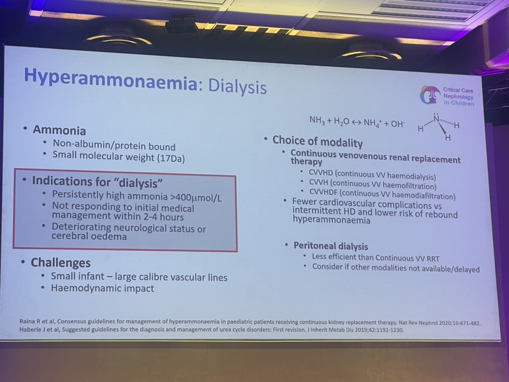 CRRT in inborn error of metabolism in #PEDSICU 

Hyperammonaemia acute management: 

Indications for dialysis 

at  #CCNCLondon2023
@CritCareNephPed