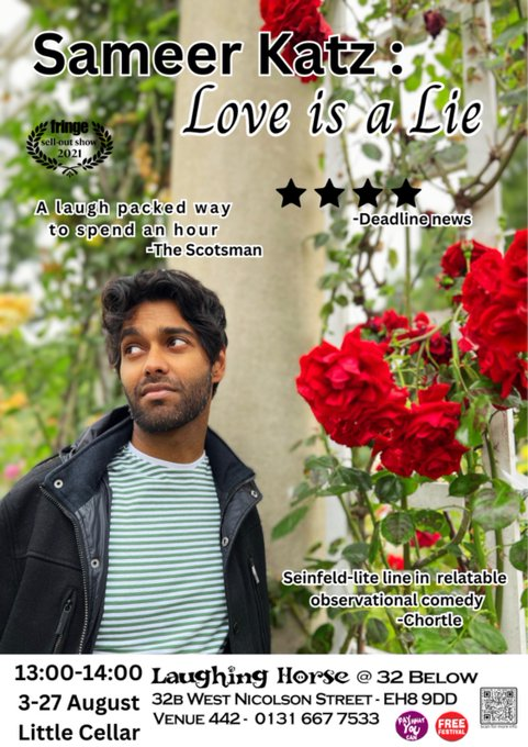 TheArts4Free's tweet photo. Sameer Katz @sameer_katz is coming back to @edfringe with Love is a Lie @freefringefest at Venue 442 (32 Below) 

Book to avoid disappointment.
https://t.co/q4toKJtQWb https://t.co/dNmTsGOAcj